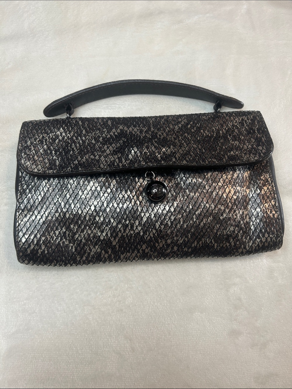 Furla Vintage Black leather Metallic Textured Top-Handle Clutch EUC